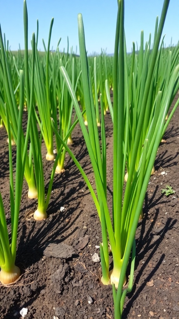 Onion Planting Guide for Zone 8 Healthy green onion plants growing in a sunny garden bed.
